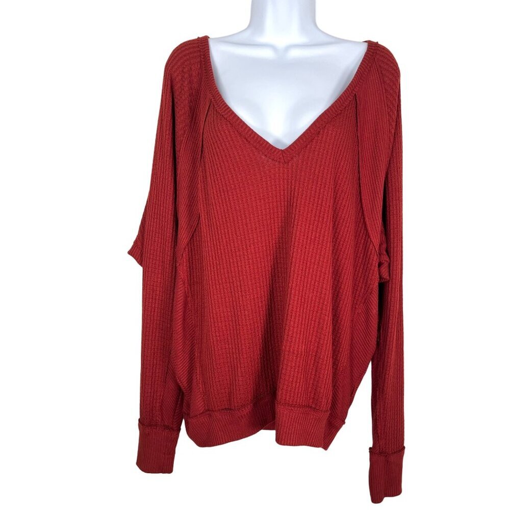 We The Free Santa‎ Clara Thermal Top Waffle Knit Long Sleeve V-Neck Red Size M